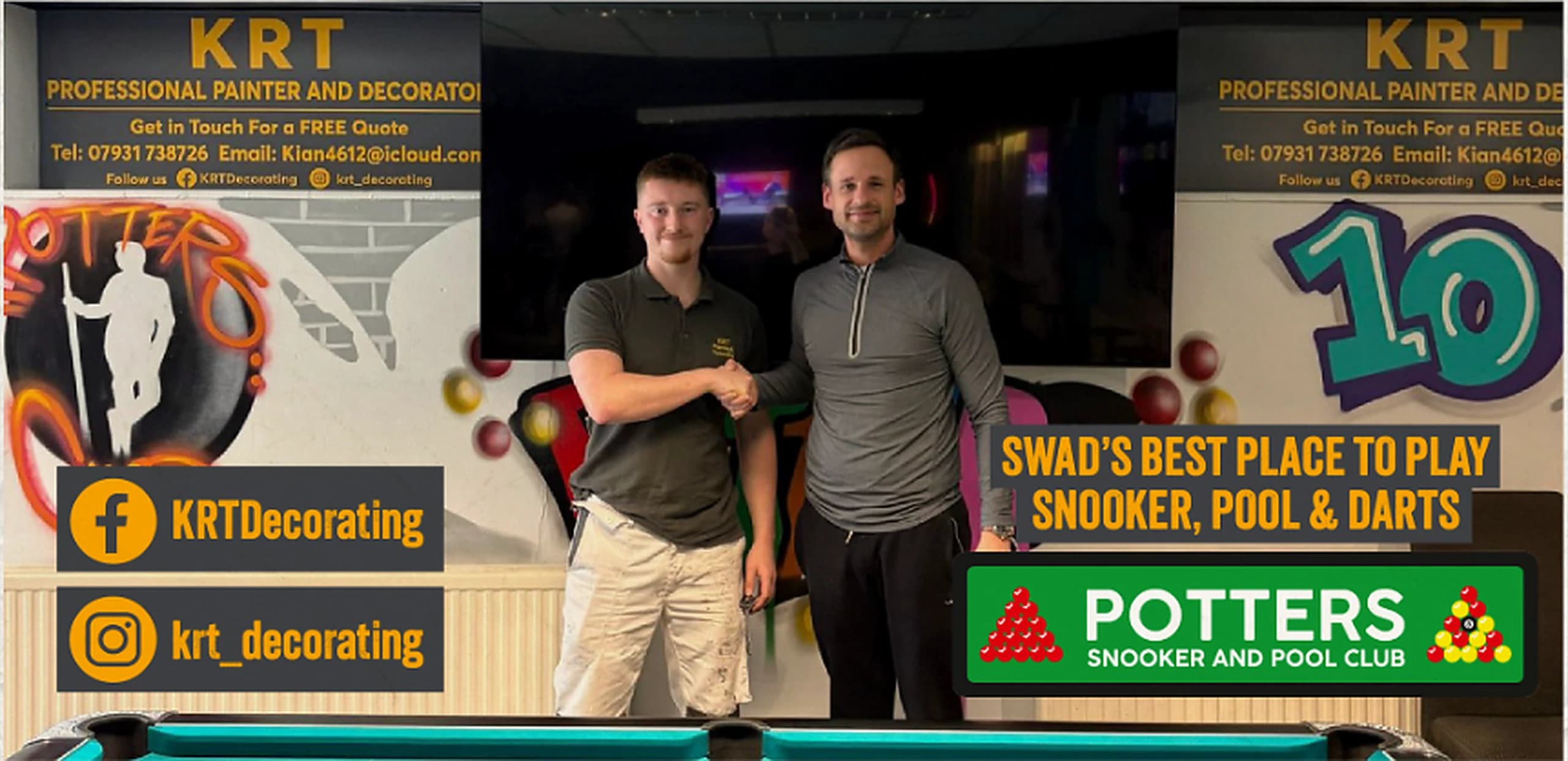 Kian shaking hands with the owner of Potters Snooker and Pool Club, with KRT sponsor boards either side